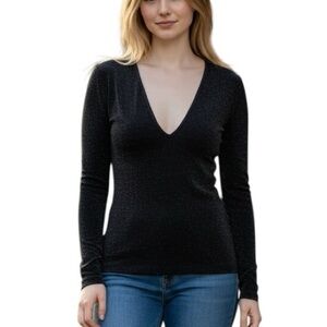 Free People Intimately M/L Black w/ Silver Lurex Deep V Neck Long Sleeve Top